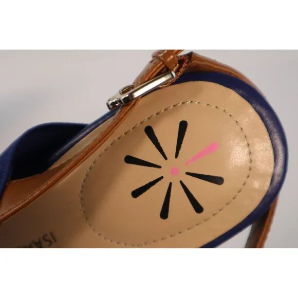 Isaac Mizrahi Navy Blue‎ Cork Wedge Sandals with Adjustable Tan Strap - Size 7W - Picture 7 of 9